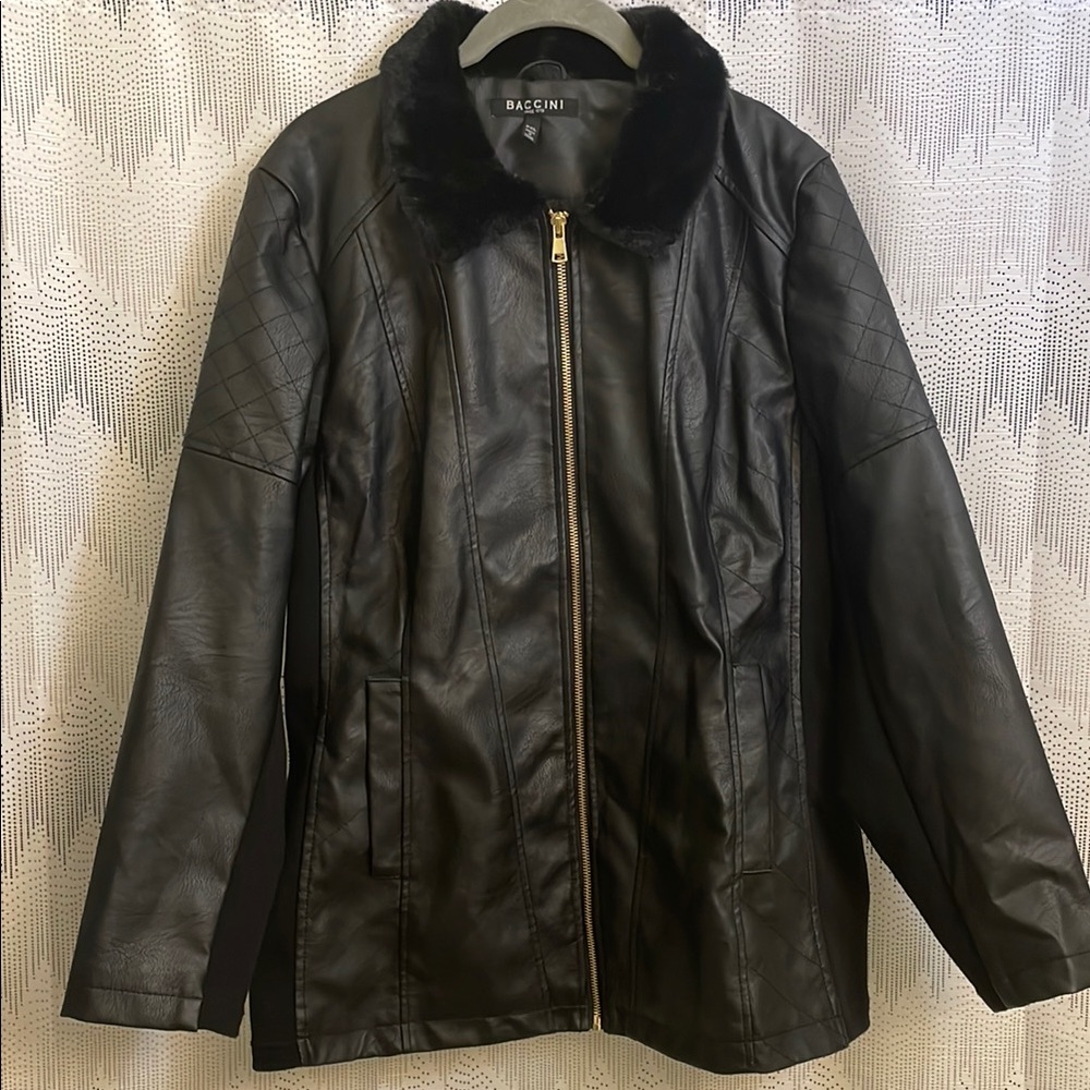 Black Faux Leather Jacket with Fur Collar